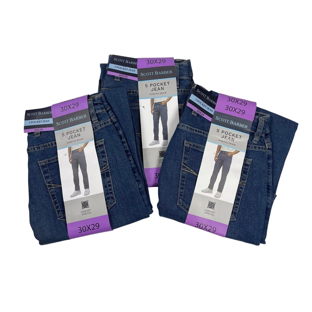 3 Pair Scott Barber Men 5 Pocket Jeans Medium Blue Stretch Denim 30X29 NEW